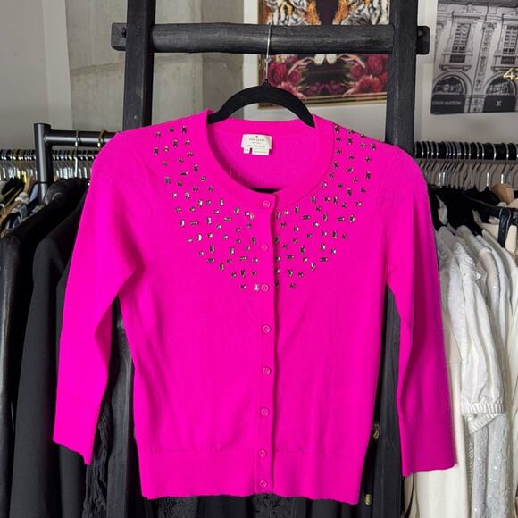 Kate Spade XS Hot Pink Wool Cardigan with Rhinestone Studs - Picture 1 of 7